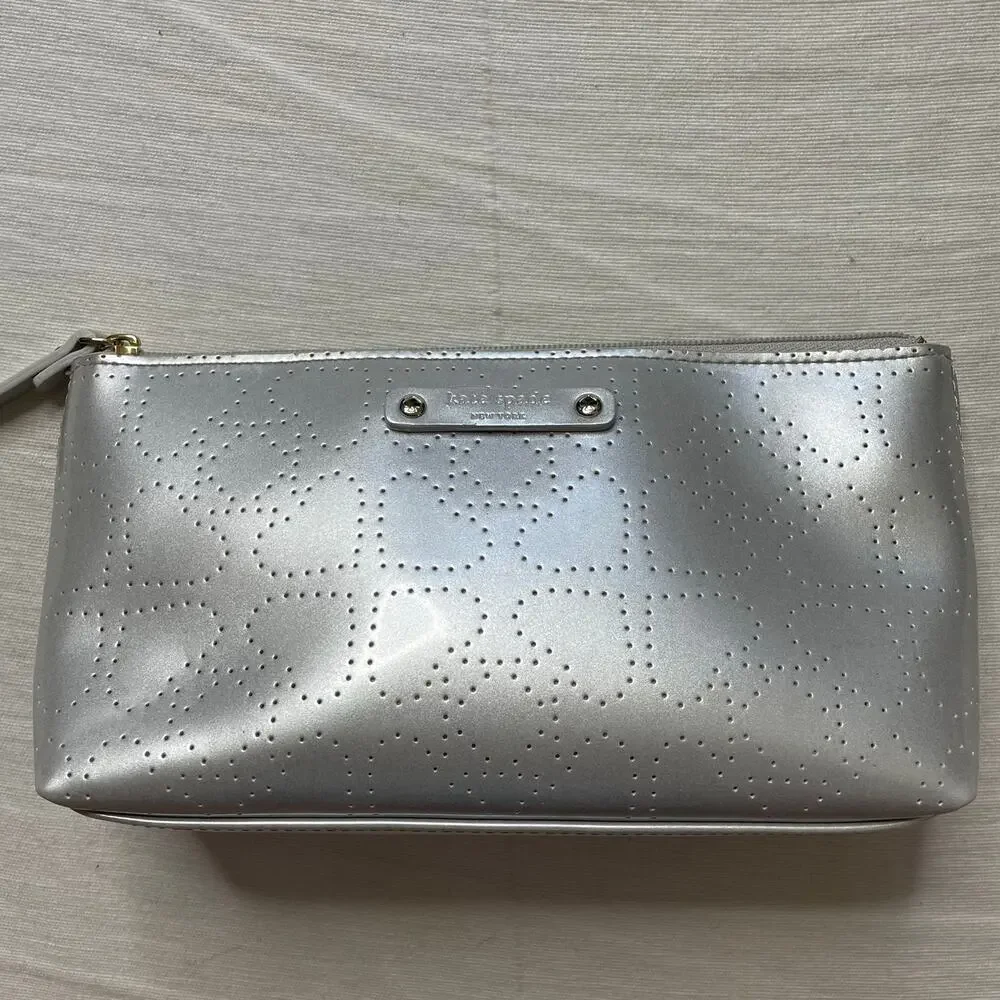 Kate Spade Metro Spade Patent Leather Dotted Silver Cosmetic Bag Pouch